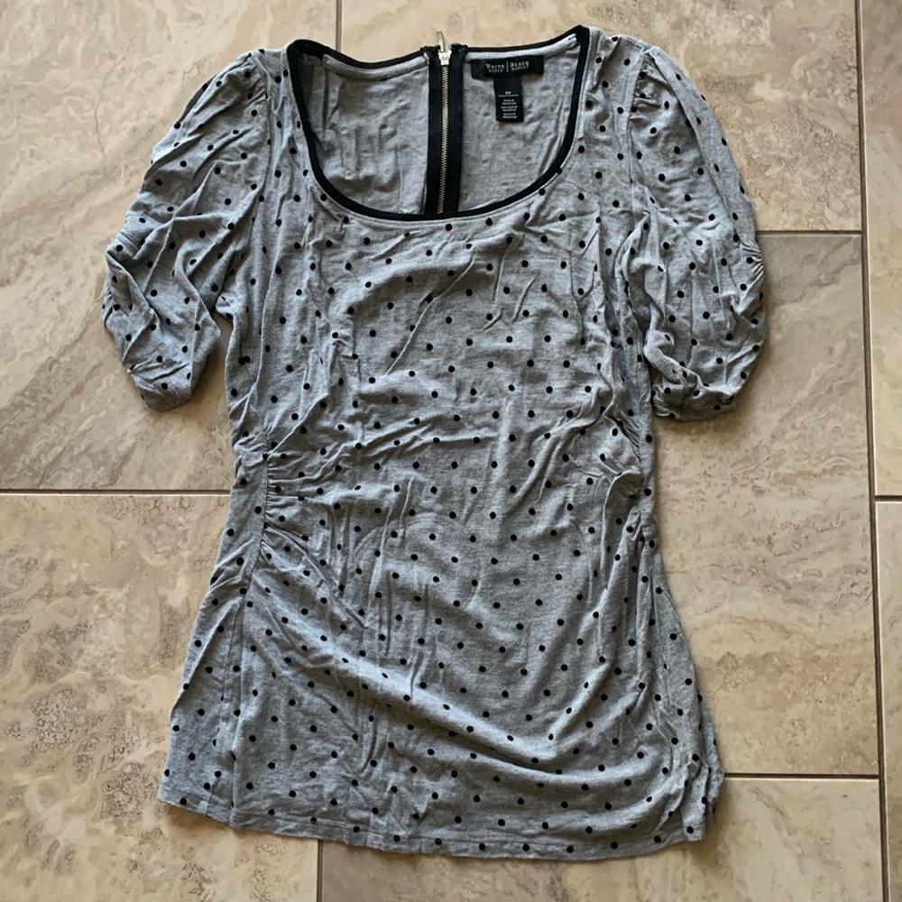 Ruched polka dot top with zip back | stretchy cotton, tunic length